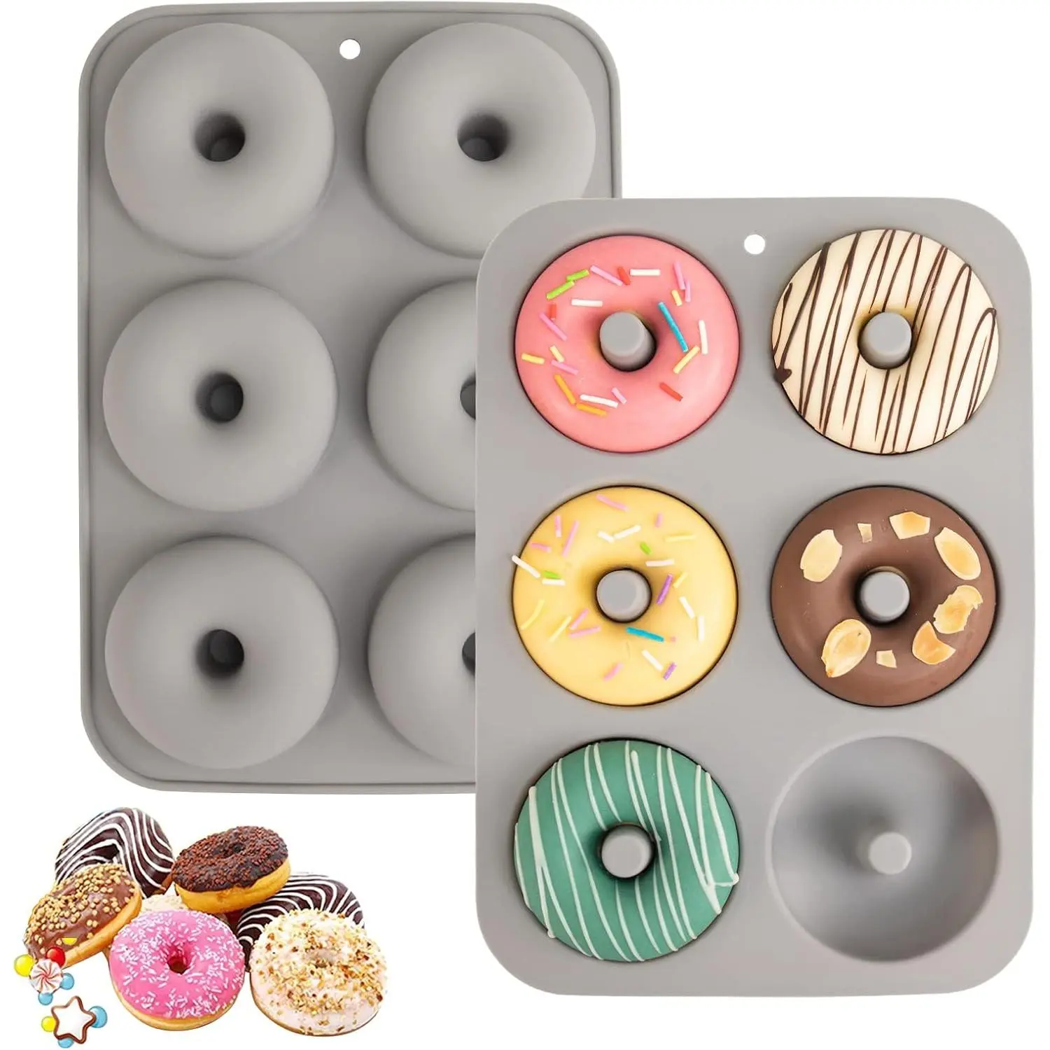 Donut Mold for 6 Doughnuts, Set of 2.  Grade LFGB  Bagels Baking Pan, Non-Stick, Dishwasher Safe, Heat Resistant and Microwave Safe(2PCS, Grey)