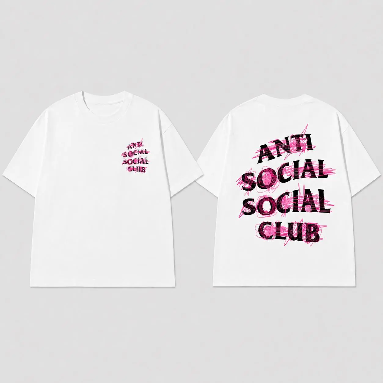 Anti Social Social Club Pink Scribble Graffiti Double Sided Oversized White Tee Y2K Introvert Hypebeast Streetwear T-Shirt For Women