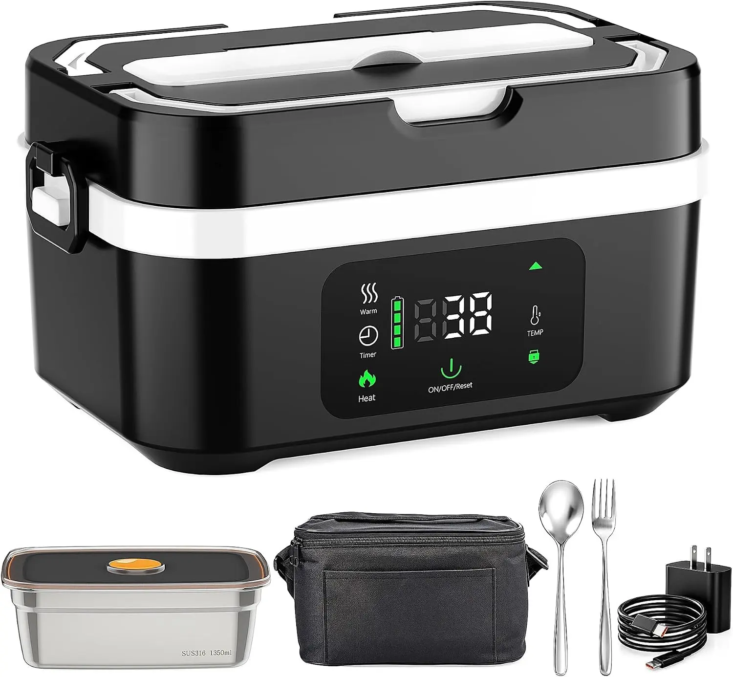 BrizLabs Electric Cordless Heated Lunch Box Portable Food Heating Warmer | 30000 mAh Rechargeable Battery Powered; Self Warming; Anti Spill; Removable; Dishwasher; Customizable Heat Temp Food Heater Tableware;  Container; Customized