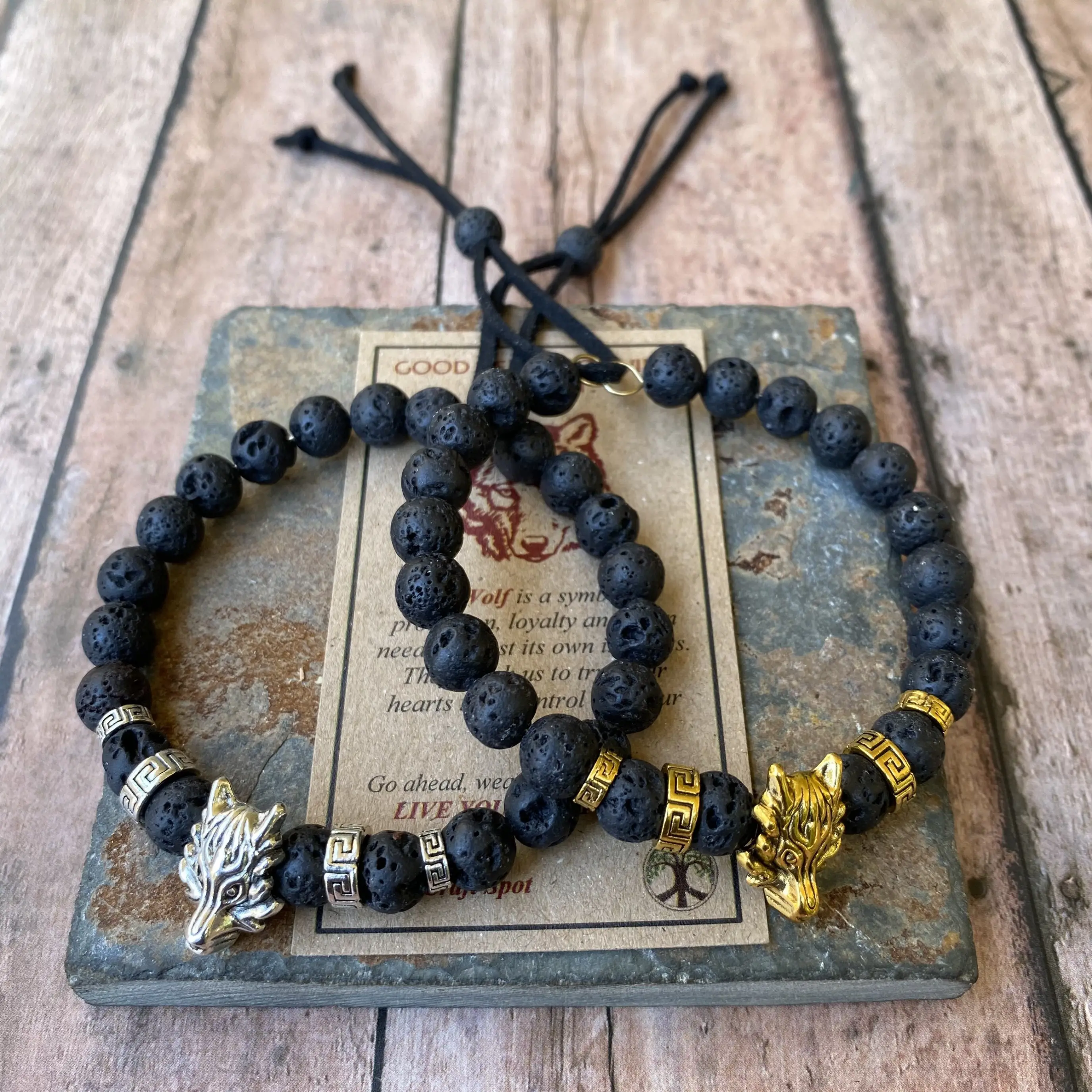 Black Lava Wolf Bracelet, Fenrir Wolf Bracelet, Beaded Bracelet Men, Gift for Him, Boyfriend Gift, One Size Fits Most.