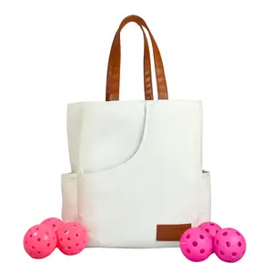 PICKLEFAB Cute Pickleball Bags for Women | Canvas & Vegan Leather Pickle Ball Tote Bag with Cover Pockets for 4 Paddles | 15"x12"x5" Medium Tote Bag with Paddle Pocket | Washable Canvas Tote Bag Similar to Zero Zero Start