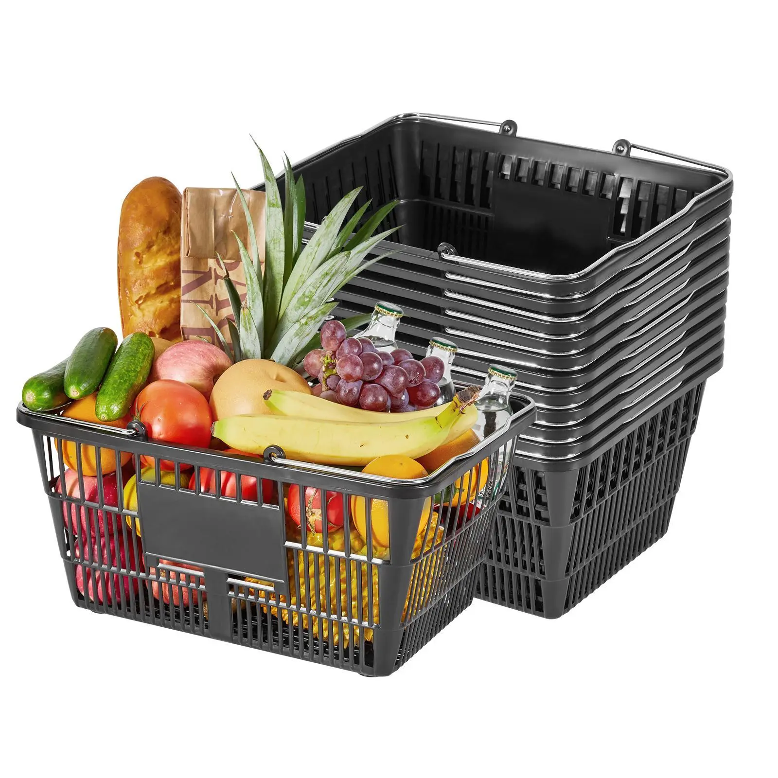 【SummerFinds】VEVOR 12-Piece Stackable PE Plastic Grocery Shopping Baskets with Smooth Handles, Dense Mesh Structure, 21L Capacity, 20 lbs Load Limit, Portable Metal Organizer Set for Grocery Stores, Home Use, Black