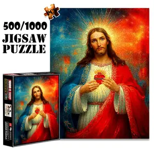 1pc 1000 piece adult puzzle 70x50cm Jesus with Sacred Heart and Radiant Halo 500 pieces paper jigsaw puzzle suitable for DIY creative games for adults and families, birthday and holiday stress relie