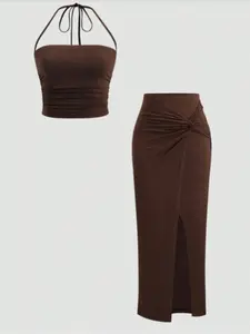 Women's Sexy Split Knot Sleeveless Short Top and Skirt Set, Elegant Chic Two-Piece Womenswear for Ladies, Perfect for Special Occasions