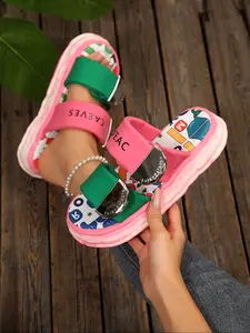 Summer New Trendy Graffiti Thick Sole Slippers for Women, Colorblock Velcro Comfort Beach Sandals, Fashionable Style