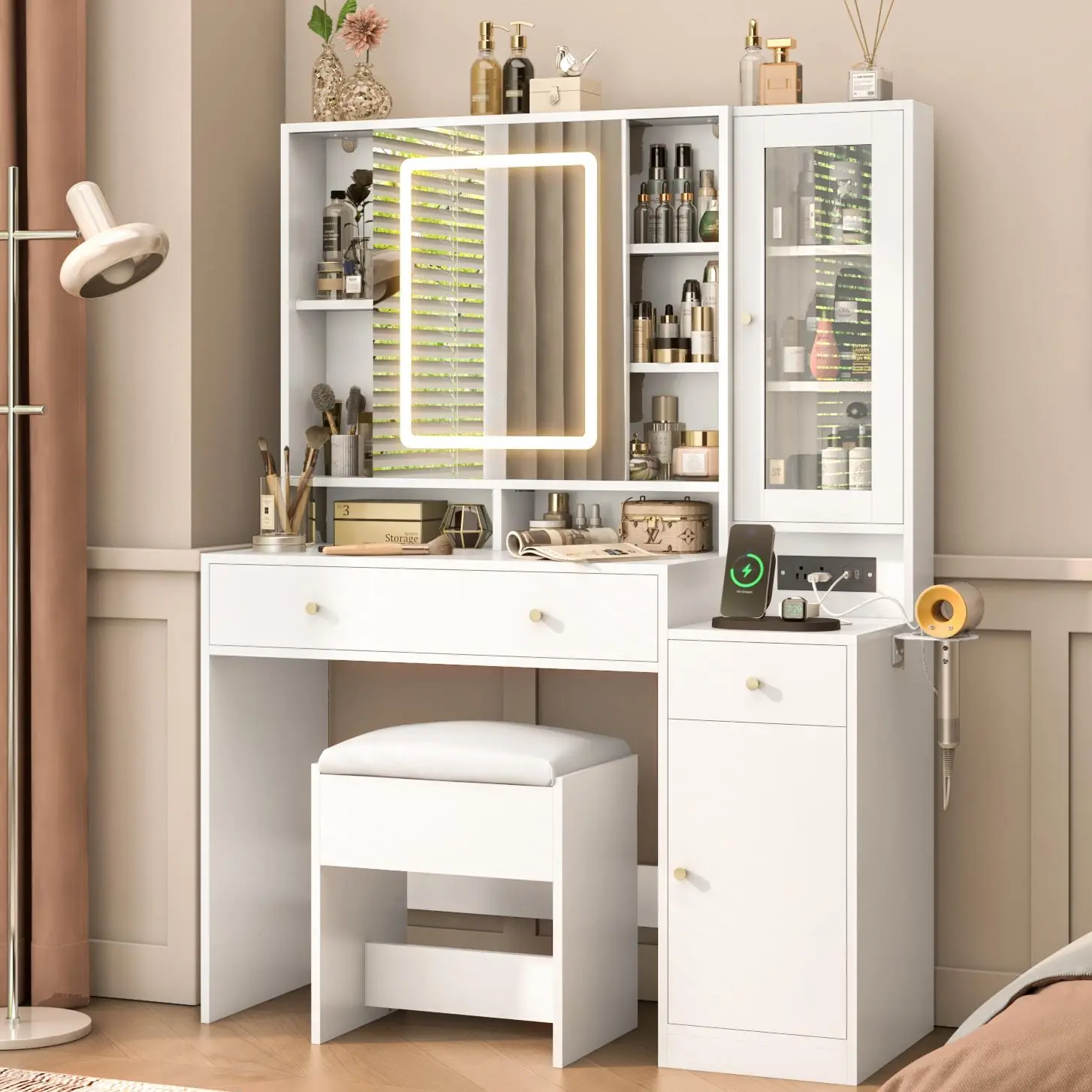 Mother's day gift, 43" Vanity Desk with Sliding Mirror & Lights, Large Vanity Set with Cushioned Stool, Modern Vanity Makeup Desk with Charging Station, Storage Drawers and open Shelves for Women & Girls (White/Black)