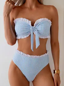 Spring/Summer Beach Vacation Striped Print Ruched Neckline Ruffled Hem Top & Ruffled Waist Shorts 2 Pieces Set Multicolor High Waist Bikini Set