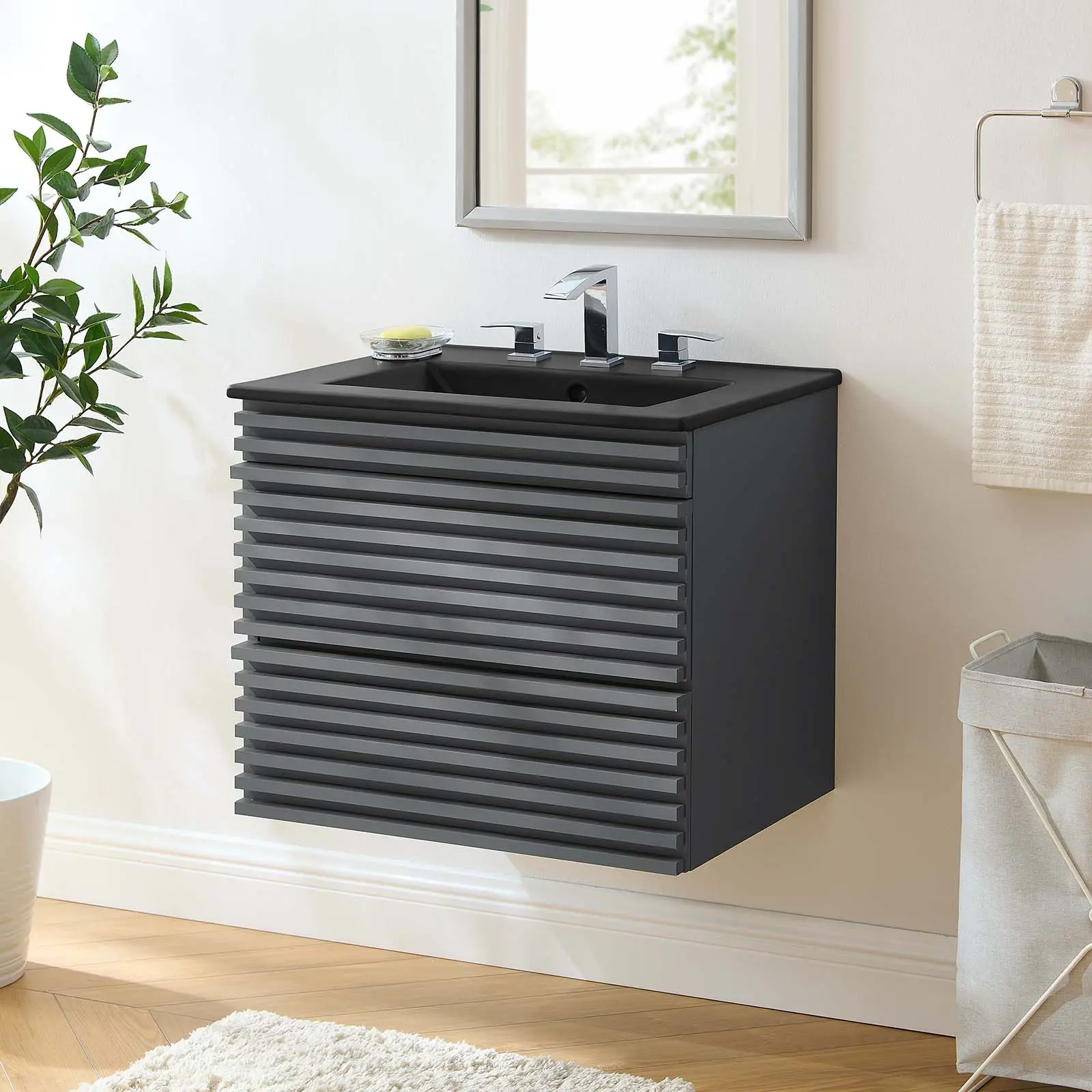 Modway Render 24" Wall-Mount Bathroom Vanity, Gray Black Finish, Single Ceramic Sink, Clean Lines, Crisp Design