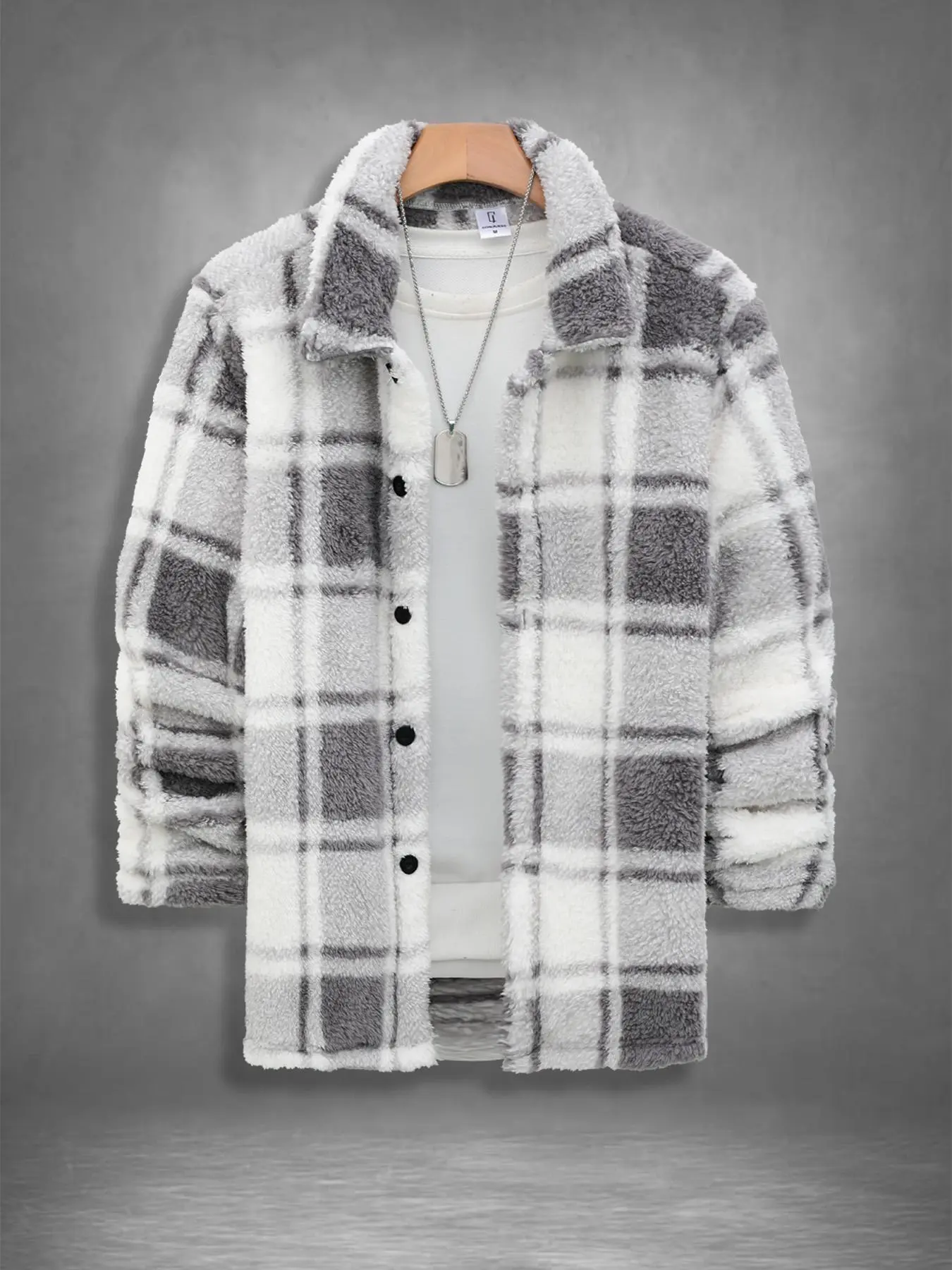 Men's Plaid Print Button Front Fuzzy Lounge Jacket, Casual Long Sleeve Collared Outerwear for Fall & Winter, Men's Sleepwear for Daily Wear, Casual Style Outerwear, Casual Fitted Jacket, Casual Jacket Coat, Casual Fashion Jacket