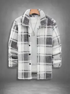 Men's Plaid Print Button Front Fuzzy Lounge Jacket, Casual Long Sleeve Collared Outerwear for Fall & Winter, Men's Sleepwear for Daily Wear, Casual Style Outerwear, Casual Fitted Jacket, Casual Jacket Coat