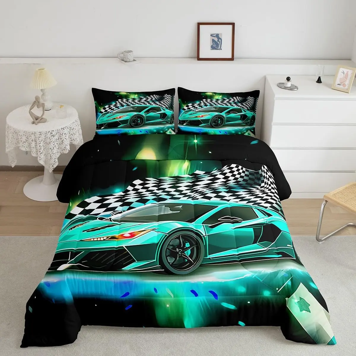 Feelyou Bed Comforter Set - Teal Extreme Sports Theme, 3D Lattice Pattern, Breathable Bedspread Set, Cars Graphic Racing Style Duvet for Black and White Decorative Bedrooms, Cars Graphic Duvets, Comfy Bedding Set, Breathable Quilt Set