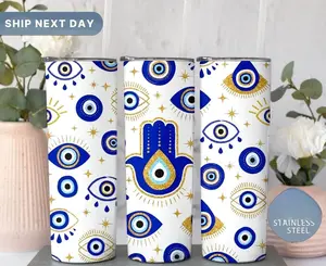 Hamsa Evil Eye Tumbler, 20oz Evil Eye Tumbler with Straw, Jewish Tumbler Cup