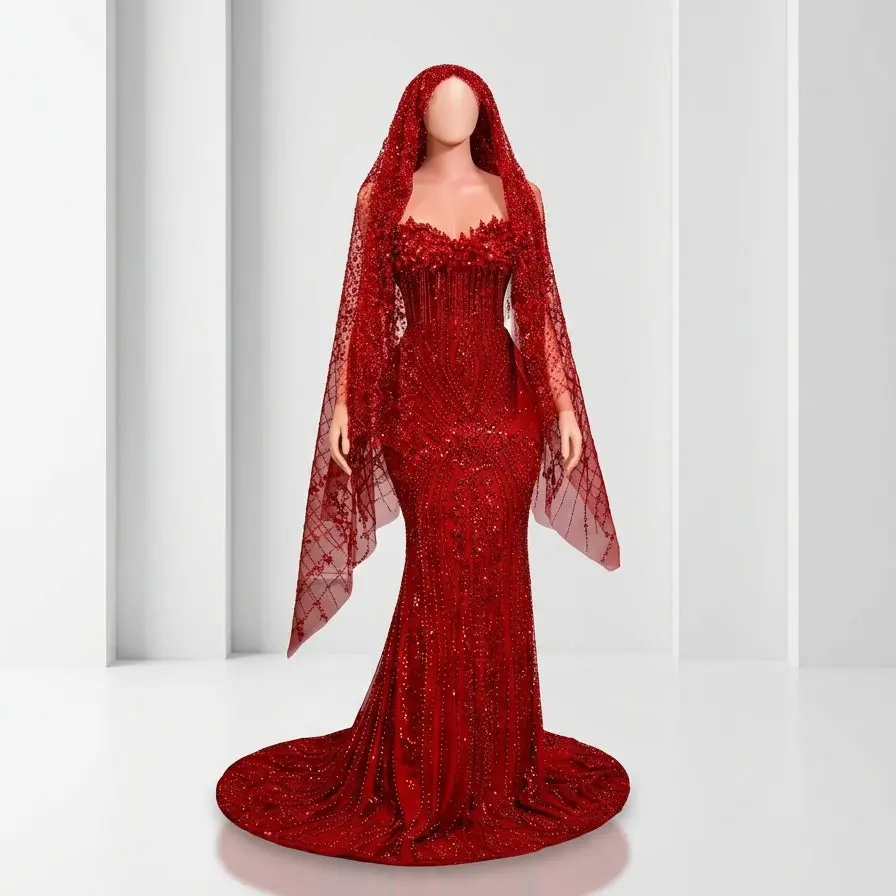 Red Rhinestone Matching Cape Veil Dress