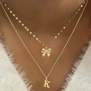 2Pcs/Set Classic Gold Color Initial Bow Pendants Lip Chain Choker Stainless Steel Layered Chain Necklaces For Women Valentines,Mom,Mother,Mother's Day,Gift