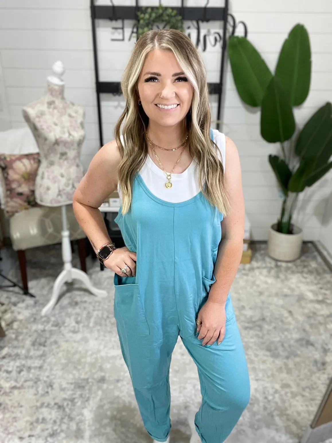 Totally Me Spaghetti Strap Jumpsuit Dusty Teal