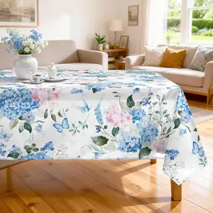 Blue Hydrangea Table Cloth Rectangle Machine Washable Floral Tablecloth, 84 * 60 inch, Polyester Spring Table Cover for Kitchen Dinner Party Outdoor Decor
