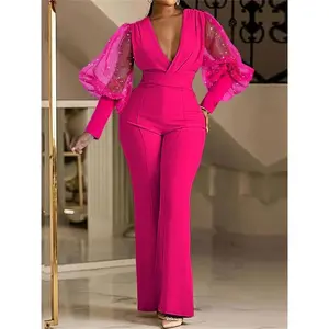 All-Season Pink Jumpsuit V-Neck Elegant High-Waist Pink Jumpsuit for Women with V-Neck and Sheer Mesh Panel Long Sleeves-Womenswear Chic Knit Fabric