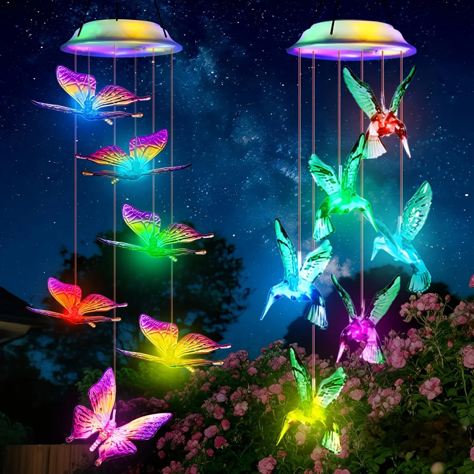 Solar Hummingbird Wind Chime Lights IP65 Waterproof, 6 RGB Color Changing LED Solar Hanging Decor Lamp, Auto Light Sensor, Butterfly & Hummingbird 2 Styles for Yard Patio Garden Wedding Gift