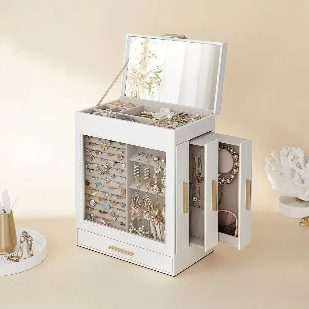 SONGMICS Jewelry Box with Glass Window, 5-Layer Jewelry Organizer with 3 Side Drawers, Jewelry Storage, with Big Mirror, Modern, 6.1 x 10.3 x 12.6 Inches