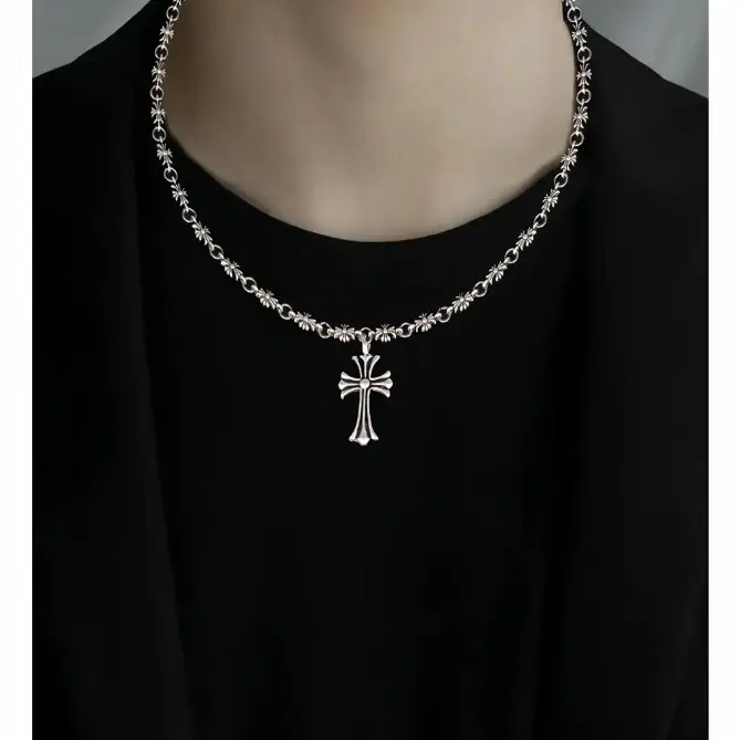 Vintage Cross Pendant Alloy Necklace, Gothic Retro Floral Chain Toggle Clasp Necklace, Punk Streetwear Statement Jewelry, Ideal Gift For Him & Her, Daily Party Accessories