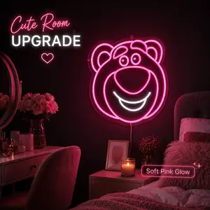 Cute Strawberry Bear Neon Sign, Pink LED Bear Wall Light with White Smile, USB Powered Dimmable Neon Lamp with Clear Acrylic Backboard, Kawaii Aesthetic Decor for Bedroom, Dorm, Gaming Room, Party, Bar, Birthday Gift for Girls, Teens, Room Wall Art 3D LED