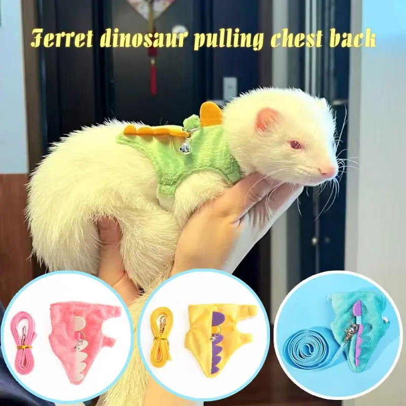 Small Animal Adjustable Vest Harness Leash Set - Cute Dinosaur Design, Bell-Included for Ferret Walking