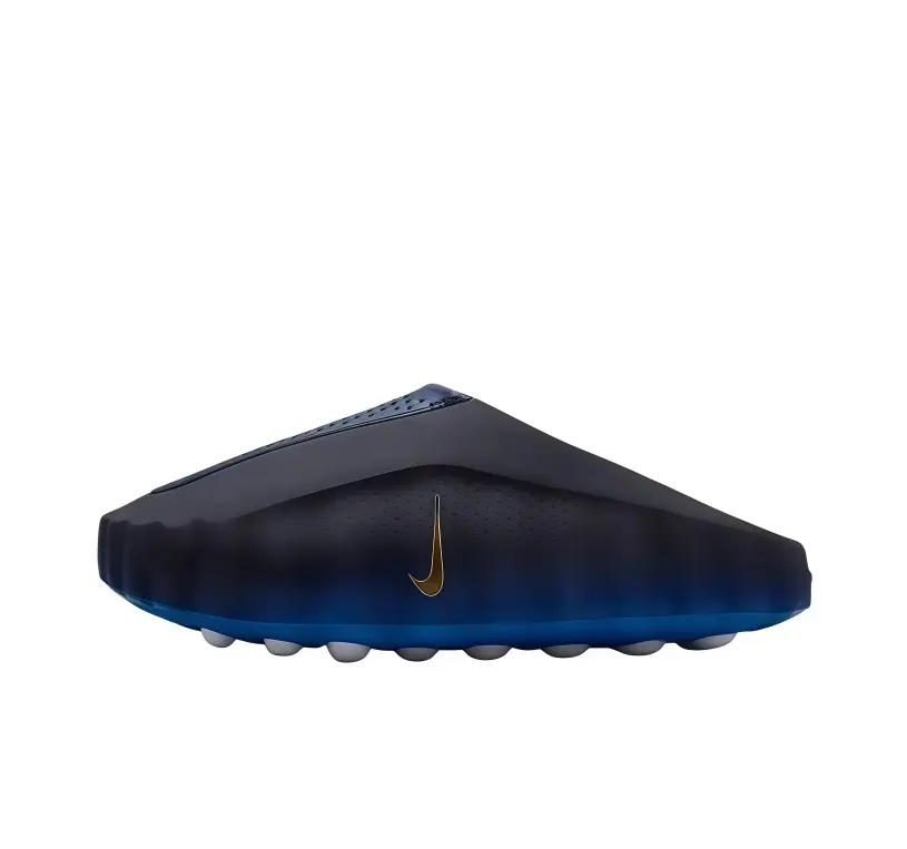 Chameleon Navy Blue Gradient Foam Slide Sandals, Ventilated Top Perforated Panel, Curved Chunky Platform Design, White Round Traction Nubs On Outsole, Lightweight Cushion Slip On Shoes For Beach & Daily Walking