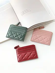 Soft Lamb Leather Short Wallet Wristlet Wallets, Mini Coin Purse with Zipper, Ultra-Thin Genuine Leather, Chic Rhombus Design, Women's Fashion Accessory