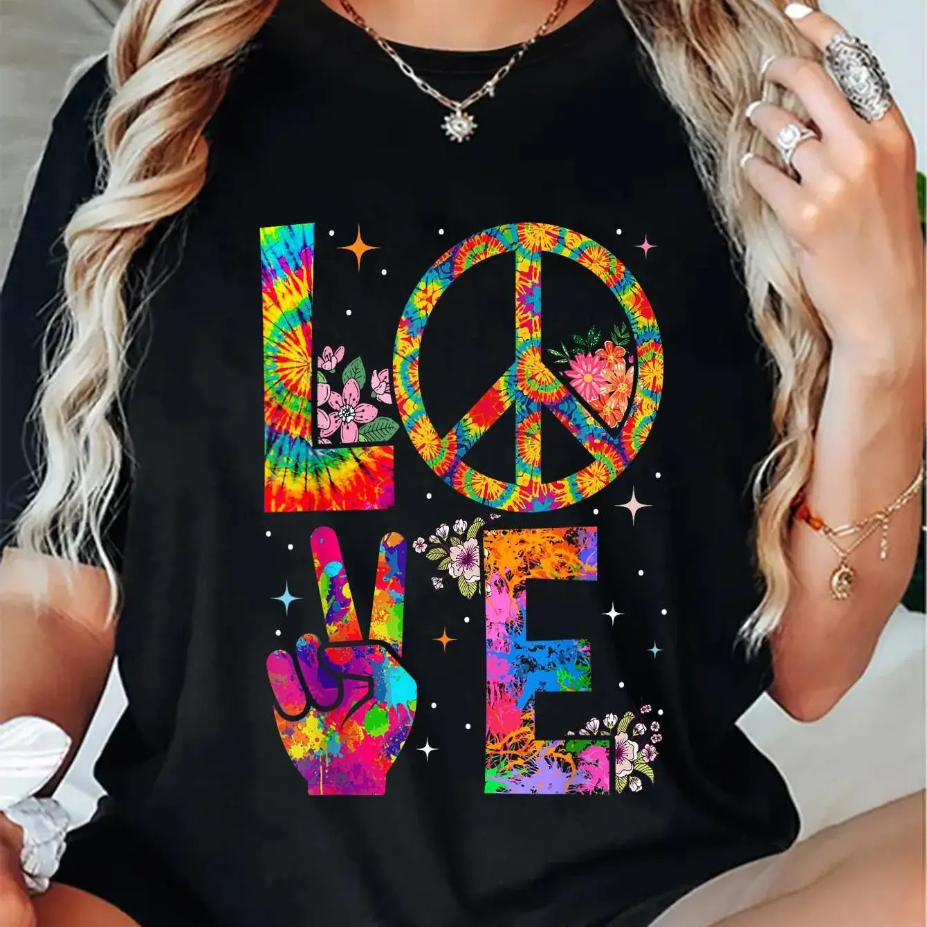 Women's Casual Round Neck Streetwear Top - 60s-70s Peace Sign Love Tie Dye Hippie Costume T-Shirt (Sports & Outdoor Clothing) Boho Tee Color Block Tee