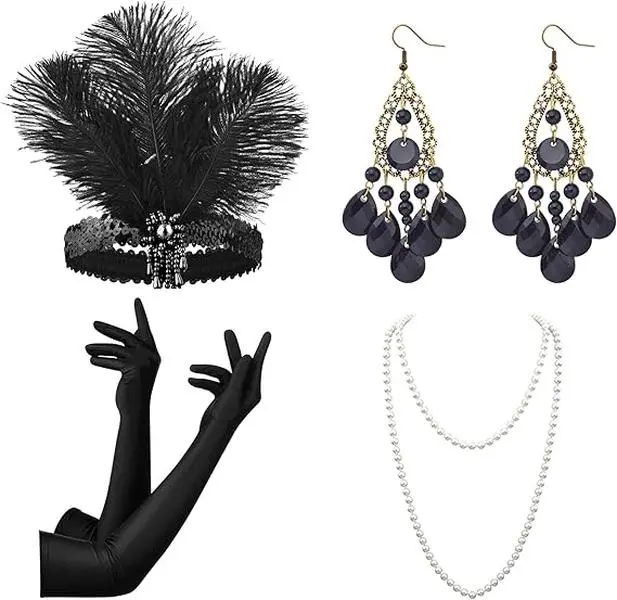Women's 1920s Roaring Twenties Retro 3-Piece Crystal Headband Set - Stretchy Feather Headband with Elastic Band, Pearl Necklace, Earrings, Fits Adults, Black, for Makeup Balls Party Accessories