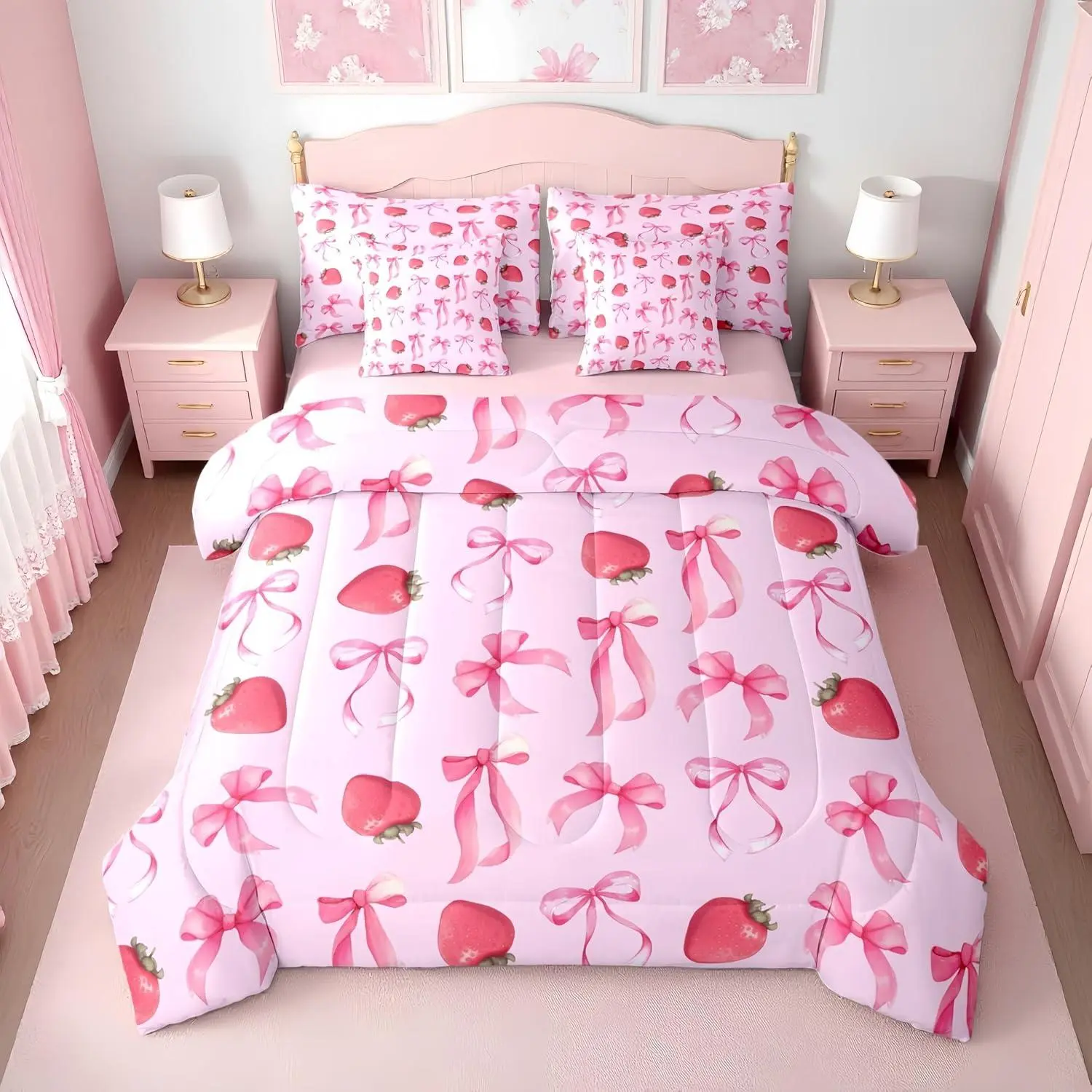 Feelyou 7-Pc Strawberry Bow Breathable Beddingsets - Pink Ribbon Bow Fitted Sheet, Flat Sheet, Kawaii Girly Bedding for Girls' Bedroom Decor