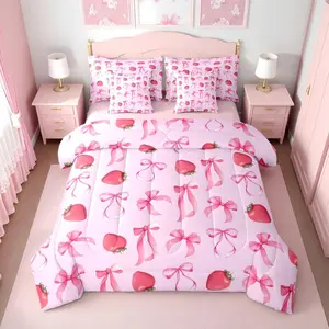 Strawberry Bow Comforter Bed Set with Sheets,Girls Pink Bow Sweet Strawberry Bedding Set,7Pc Kids Women,Cute Pink Ribbon Bows Fitted Flat Sheet,Kawaii Bed Set