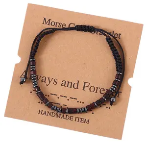 Catherinedesignsnyc Morse Code Hematite Wood Gemstone Beads Healing Bracelet Gift for Women Men, with ' Always and Forever' Card, Gift for boyfriend husband and lover, Anniversary gift, birthday gift, Christmas gift