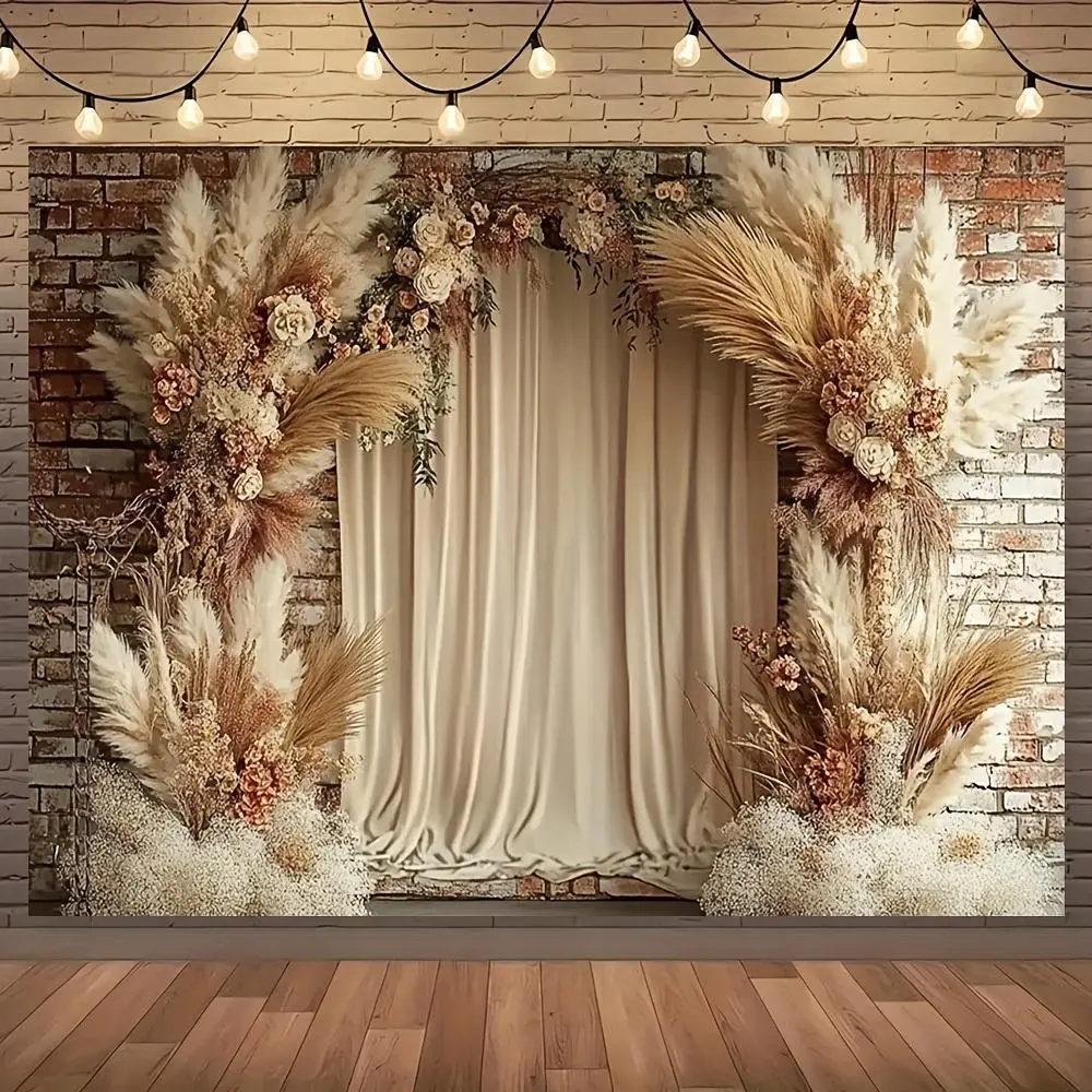 Bohemian Style Wedding Backdrop, Civil Wedding, 1 Count Country Brick & Stone & Flower Design Backdrop, Photo Background, Wall Decoration, Curtains & Tablecloth, Banners, Wall Hanging Backdrop, Wedding Arched Backdrop, Boho Wedding Decor