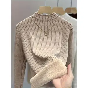 Women's Fleece-Lined Warm Turtleneck Sweater - High Elasticity Long Sleeve Top, Solid Color Versatile Layered Look for All Seasons, Soft Texture Suitable for Casual and Formal Wear Knitwear Womenswear