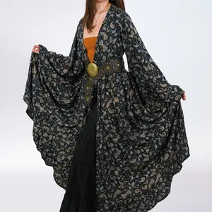 Karma Nepal Crafts Flowy Duster with Ruffle Sleeve Long Kimono Style Layering Piece Outerwear