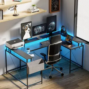 U-Shaped Reversible Office Desk 79" - Extra Long Corner Computer Desk with Power Outlets, RGB LED Lights, Monitor Stand, Storage Shelf - Large Home Office, Gaming, Two-Person Workspace