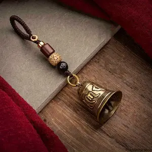 Vintage Brass Bell Pendant Keychain - Handmade Rope Lanyard, 6-Mantra Inspired Decorative Charm, Portable Bag Charm for Car Keys, Daily Bag, Bag Charms