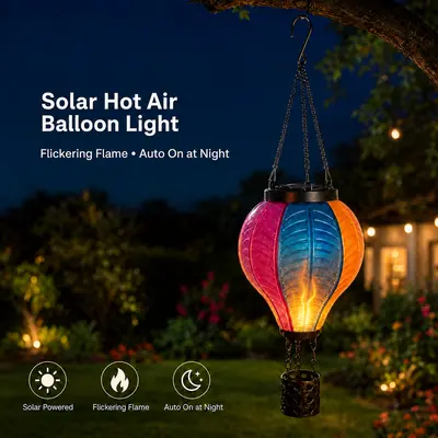 Hot Air Balloon Solar Lantern – Flickering Flame, Waterproof Outdoor Garden Lamp, ABS & Metal, 5.7x5.7x11.8 Inch