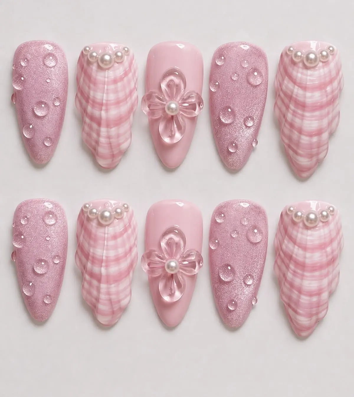 Pink 3D Seashell Press On Nails | Cute Gingham Shell & Water Drop Design | Crystal Flower & Pearl Accents | Handmade Almond Gel Nails| FREE Adhesive Tabs  Nail File Cuticle Stick