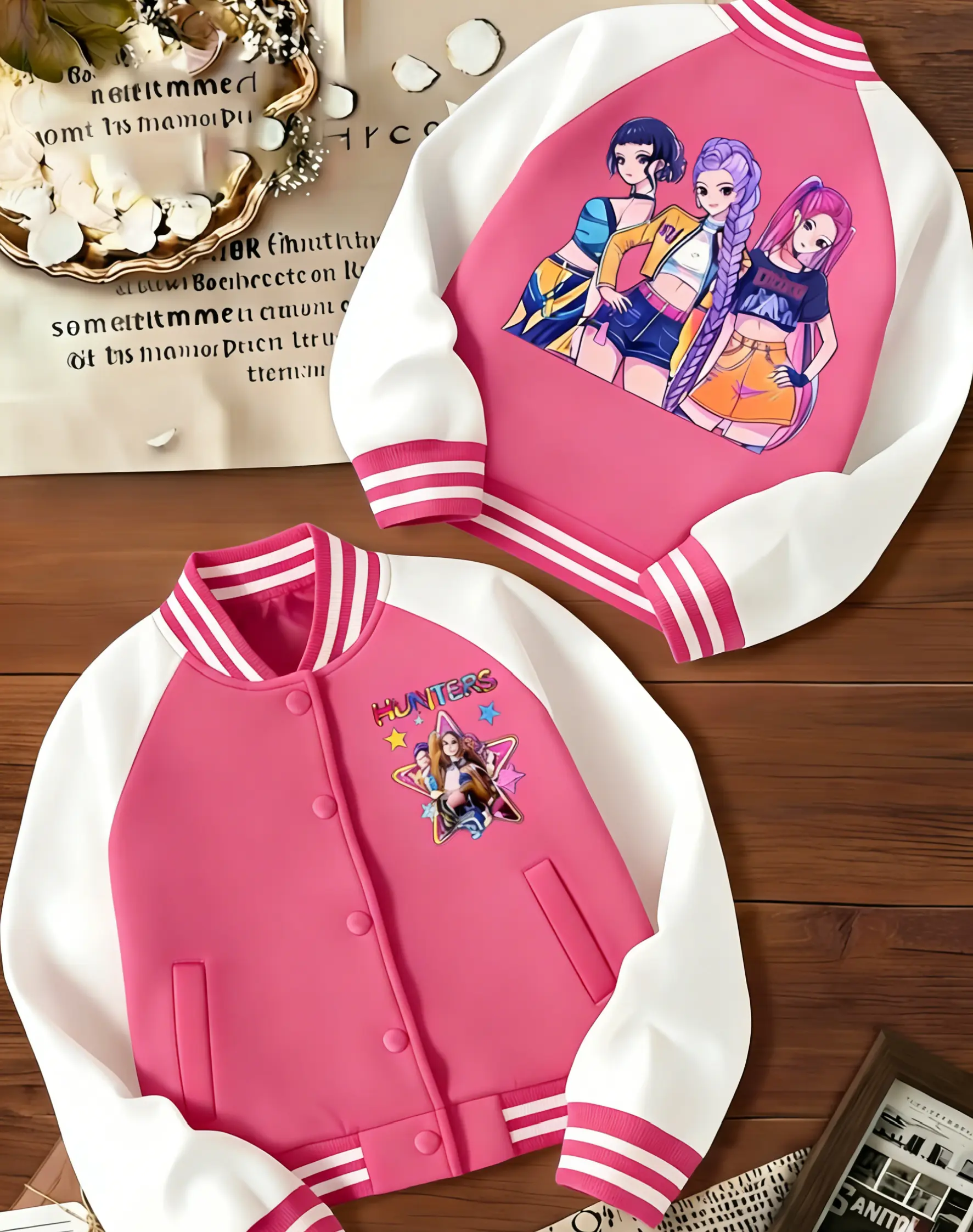 KPOP-Huntress Girl Group Kids' Fitted Short Baseball Jacket with Cartoon Design, Elastic Fabric Warm Jacket, Elastic Lets Her Run Freely, School-to-Sport Use for Fall & Winter Halloween Uniform