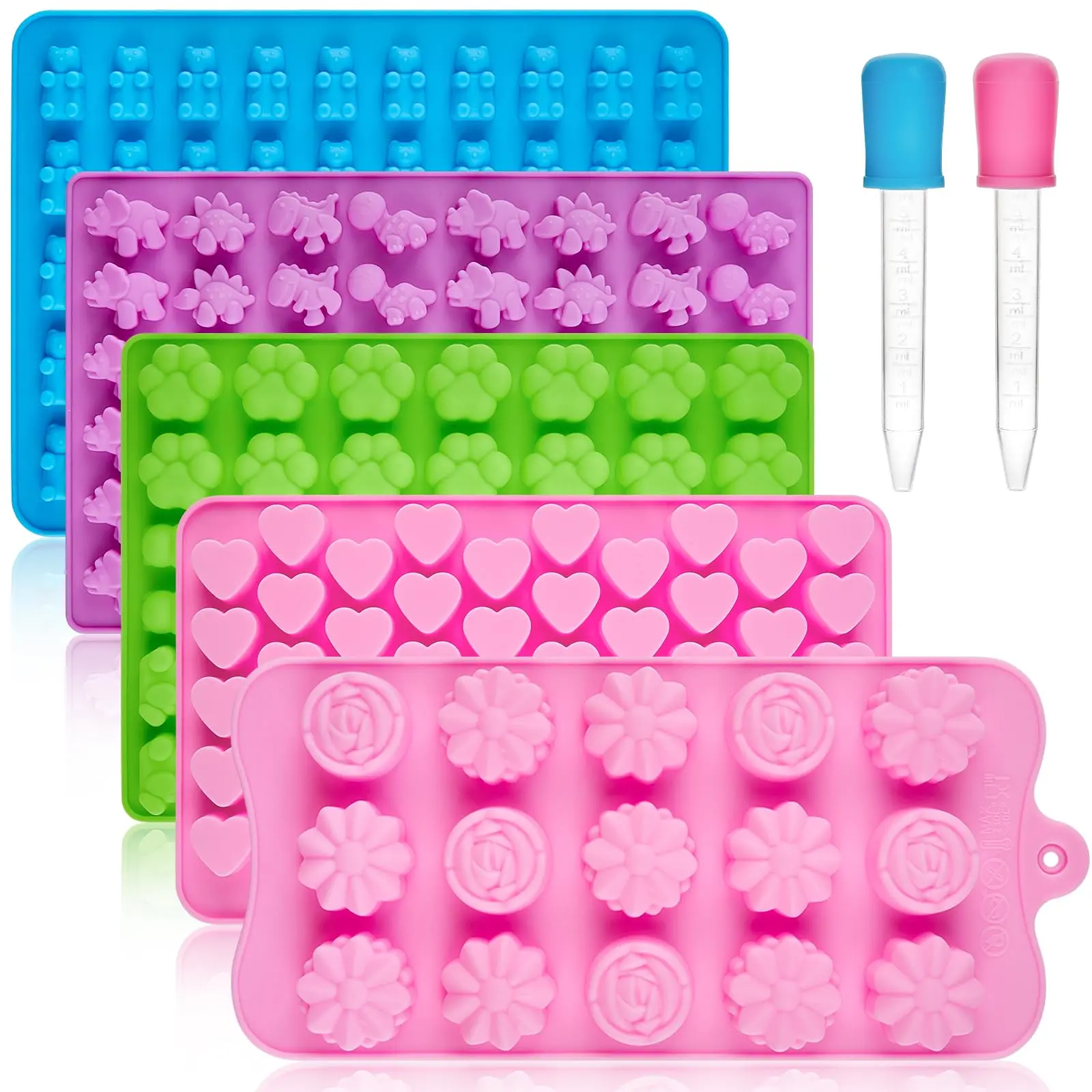 Silicone Candy Molds with 2 Droppers, 210 Cavities Non-Stick Gummy Molds Reusable Chocolate Molds Including Bear, Dinosaur, Heart, Flower, Paw, Set of 5