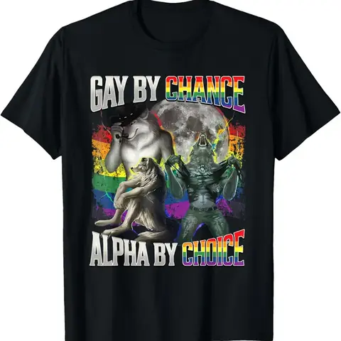 Unisex 100% Cotton Graphic Tshirt - Short-Sleeve Round Neck Well-Fitted Style, LGBT Pride Alpha Wolf Print Casual Sports Top with "Gay By Chance Alpha By Choice" Slogan