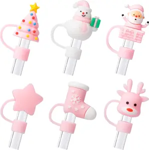 Christmas Straw Topper Set (6 pcs) – Cute Pink Holiday Straw Covers for Stanley Cups (30oz/40oz) | 10mm Reusable Silicone Straw Lids | Dust-Proof Cup Accessories + Gift Stocking Stuffers BULKITEM