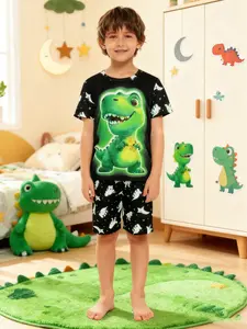 Boy's Cartoon Dinosaur Print Crew Neck Tee & Elastic Waist Shorts Pajama Two-Piece Set, Casual Comfy Round Neck Short Sleeve T-shirt & Shorts PJ Set, Kids Sleepwear for Summer, Sleepwear Pajamas