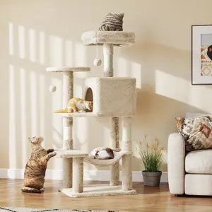 Cozy Beige Cat Tree Haven! 44Inch Plush Lounging Tower with Hammock & Hideout Condo. Perfect for Naps & Relaxation