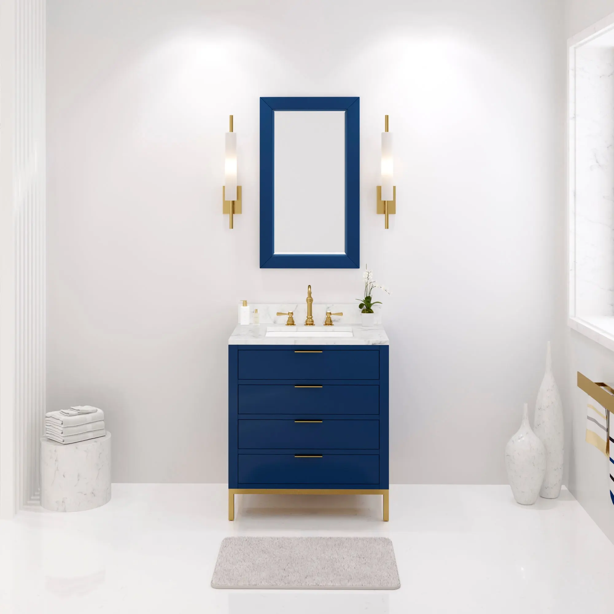 Water Creation Bristol 30" Single Sink Carrara White Marble Countertop Bath Vanity in Monarch Blue with Satin Gold Hook Faucet