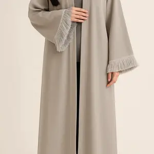 Moonlight Abaya with Grey Tassel Sleeves - Elegant Design in Soft Grey Tone