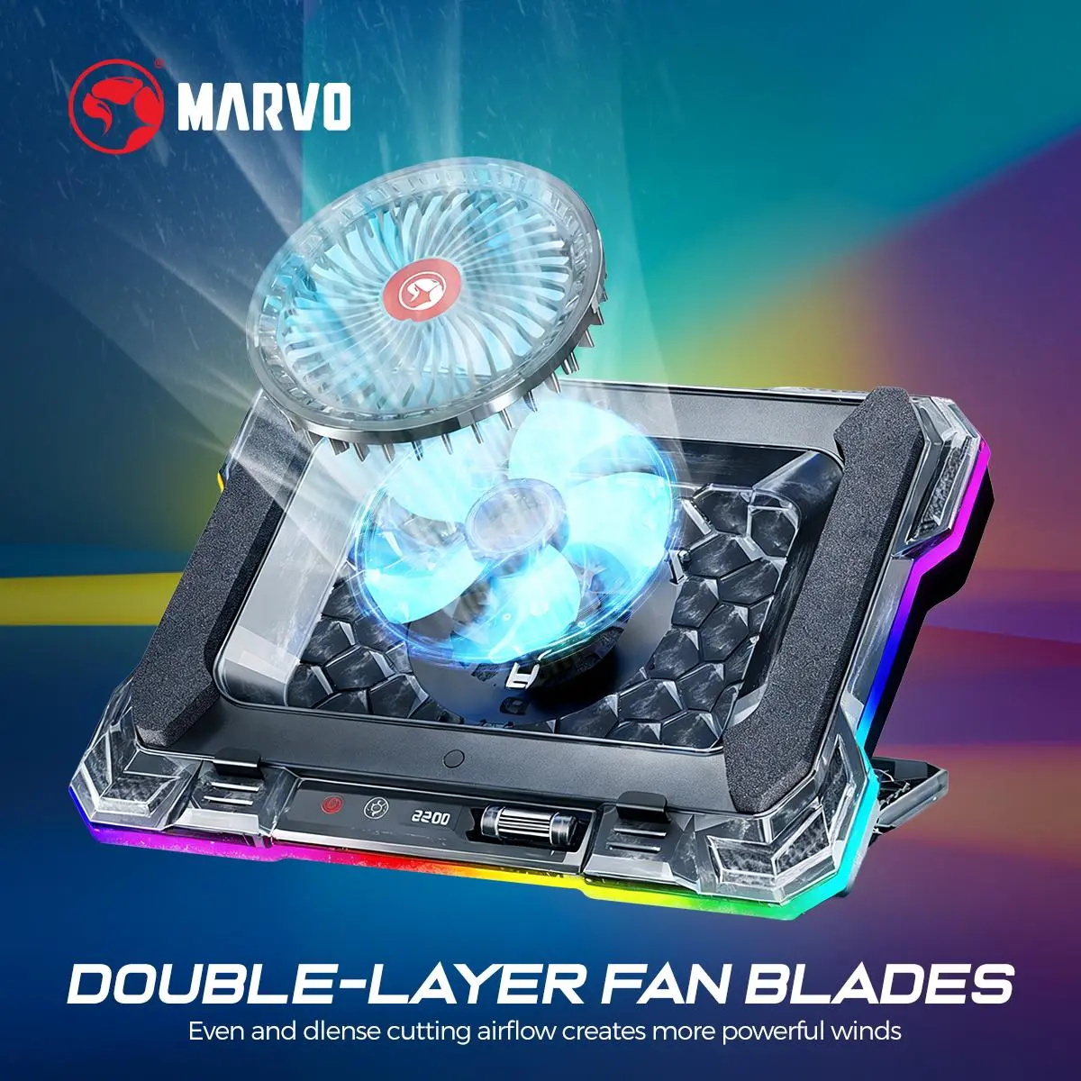 High-Efficiency Laptop Cooling Pad - 300-2200RPM Adjustable Fan, 7-Gear 20°-45° Ergonomic Tilt, 10 RGB Modes + LED Display, Dual USB, 14-19 Inch Compatibility for School/Gaming/Workstation,back to school,back to school haul