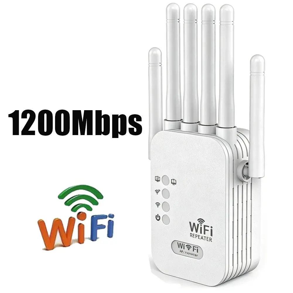 AC1200Mbps 6-Antenna Dual-Band (2.4G-5G) WiFi Extender & Repeater, US Plug Home Indoor Signal Booster, Plug-and-Play, Eliminates WiFi Dead Zones & Lag, Wifi Repeater